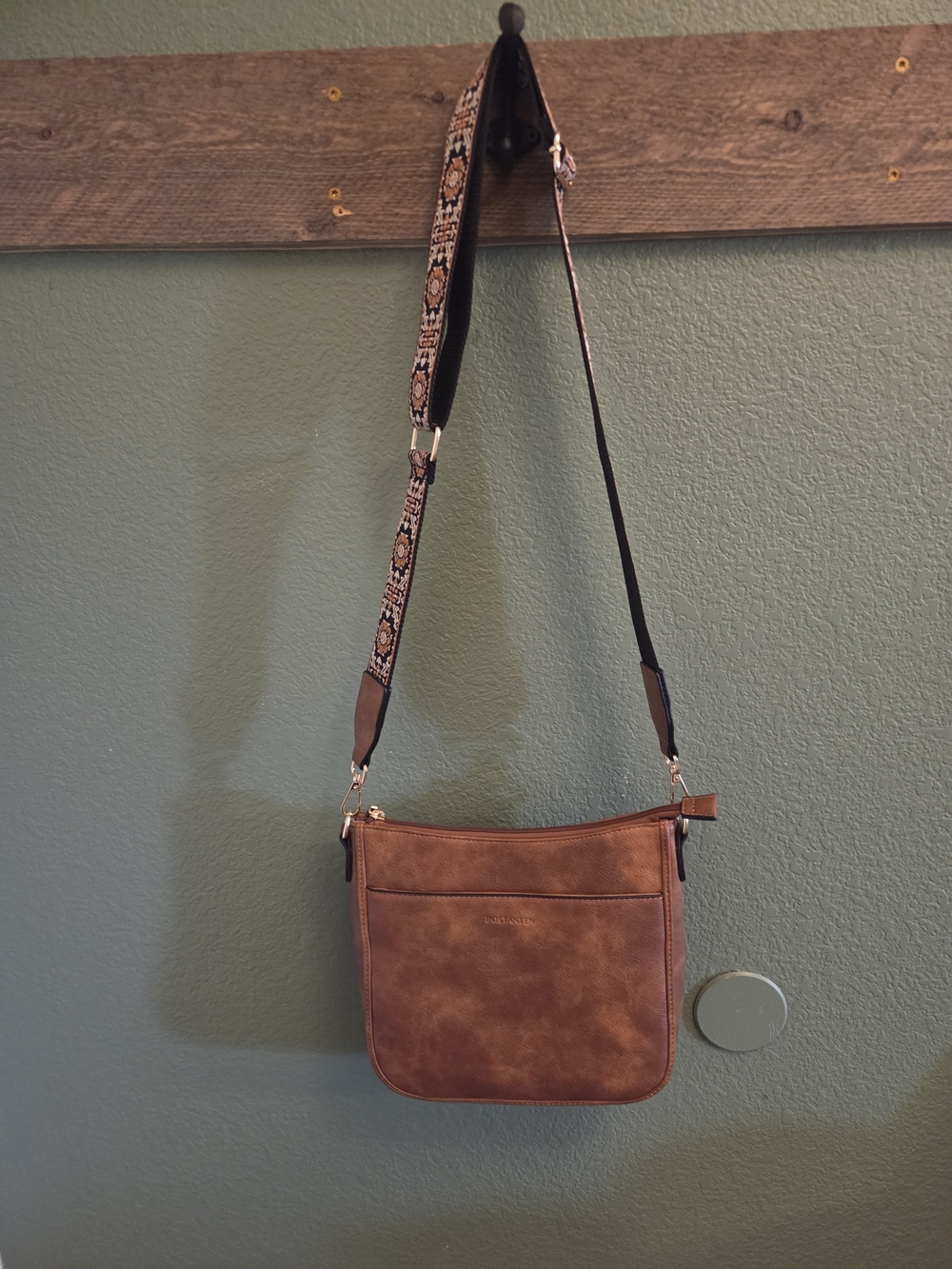 Bostanten Brown Crossbody Shoulder Bag with Patterned Strap